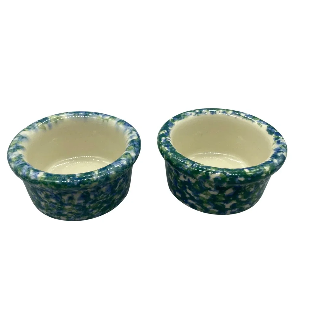Handmade Ceramic Ramekin‎ Set of 2 Blue Green Spongeware Pottery Dipping Bowls